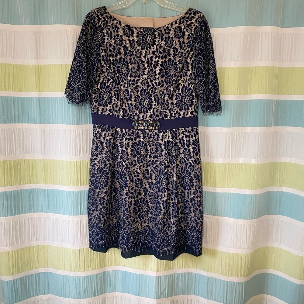 Eliza J Lace Beaded Cocktail Dress Navy Blue Sz 12 - Picture 11 of 11